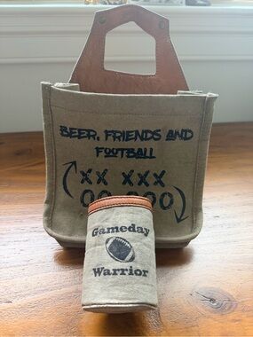 MONA B Beer, Friends & Football Beer Caddy Canvas & Vegan Leather Tote + Koozie